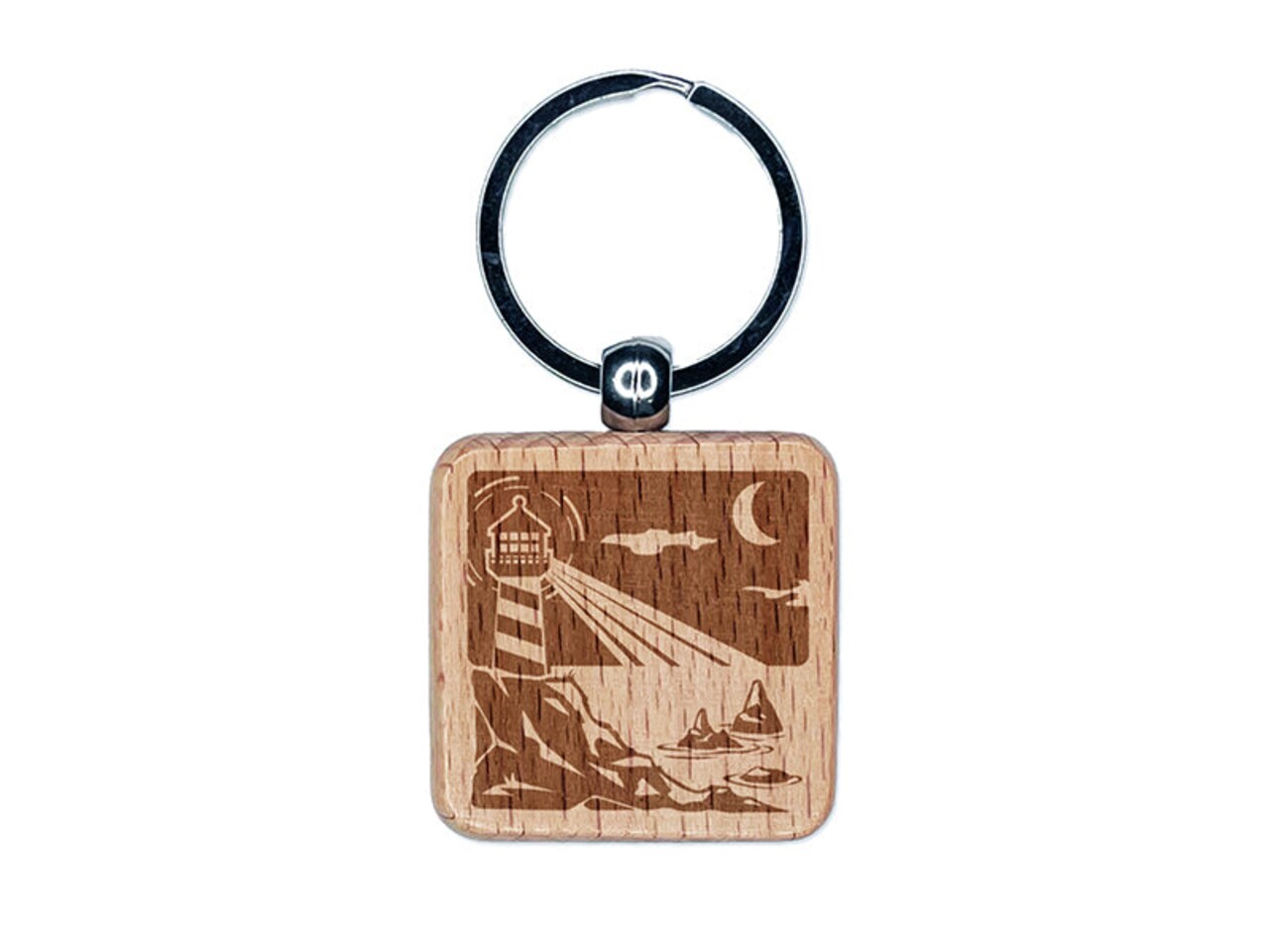 Lighthouse On the Ocean Under Night Sky Engraved Wood Square Keychain Tag Charm
